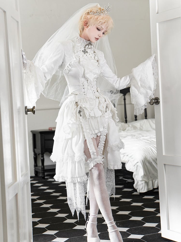 Ouji - Top Sleeveless White Lolita Neck Ruffled Outfit All Prince