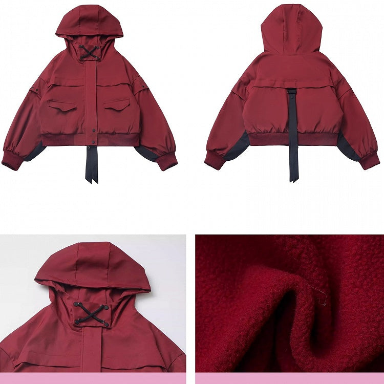 Red and Black Colorblock Sleeves Hooded Crop Jacket