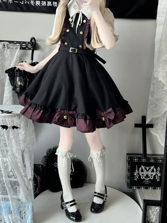 Ensemble chemisier blanc à manches courtes, robe rayée rouge foncé et noire avec nœud papillon