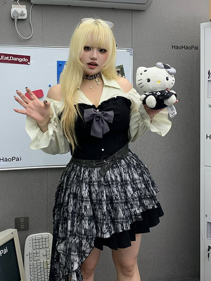 Plaid Waist Accessory with Cascading Ruffles Size Black Plus Brown /