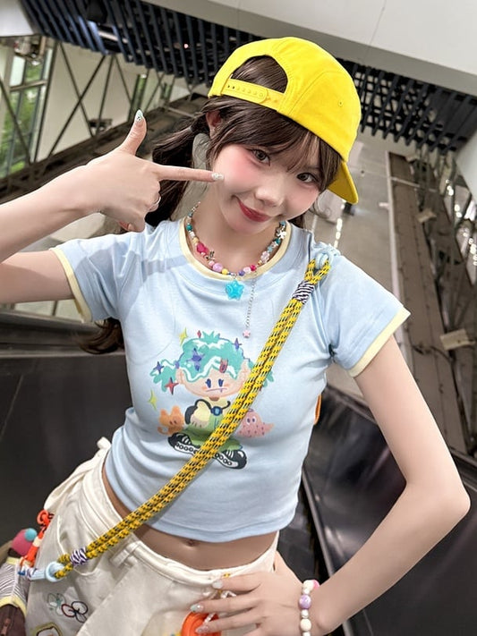 with Necklace Cartoon Girl Print Blue Round Neck Cropped T-shirt Free
