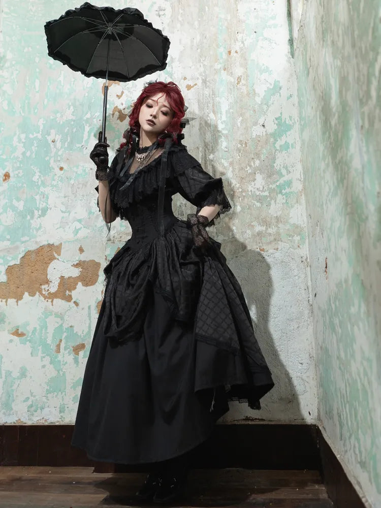 Schwarzer Korsett-Taillenrock mit Knochen und hoher Taille, Aristokratischer Gothic-Lolita-Rock