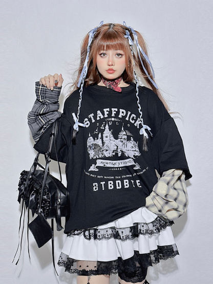 Black Plaid Round Neck Letter Fake Two-piece Sweatshirt