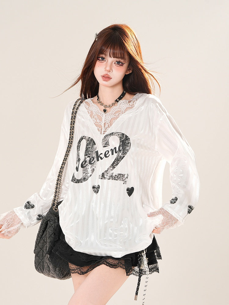 White/Black Trim V-neck Lace Number Print Striped Top
