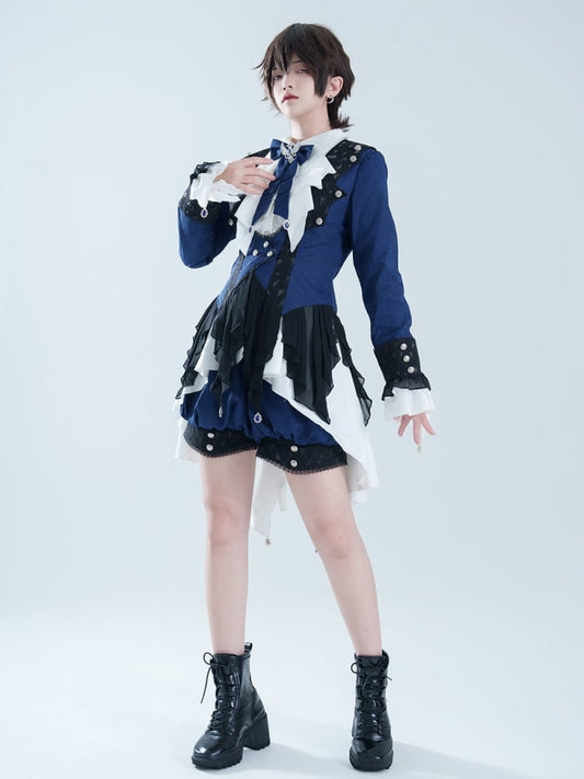 Gothic Ouji Lolita Ciel Vibes Dark Blue Prince Coat White Long Sleeves Shirt Dark Blue  Shorts