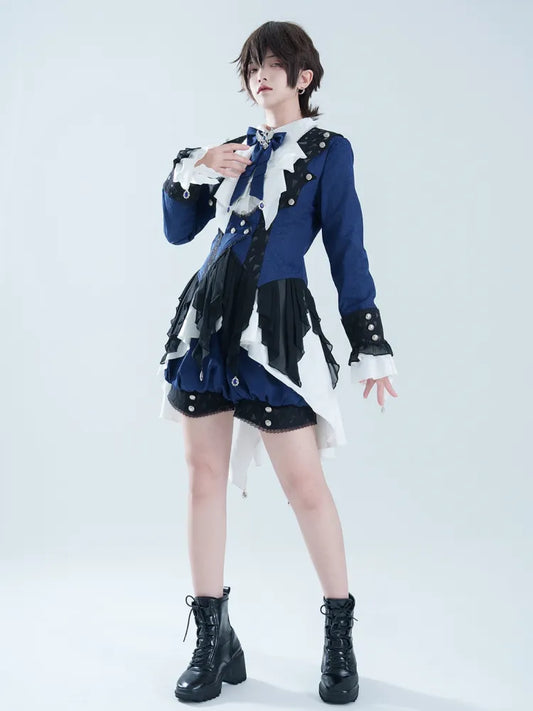 Lolita Gothic Prince Shirt Set Dark White Coat Ouji Sleeves Shorts Blue + Three Pieces + Blue Long Dark
