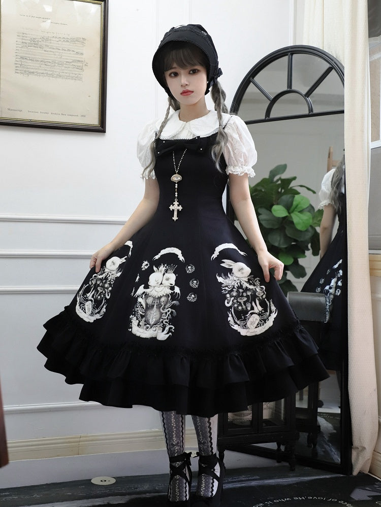 Dark Waist Dress Gothic Bunny Fit Slim Lolita Black Print