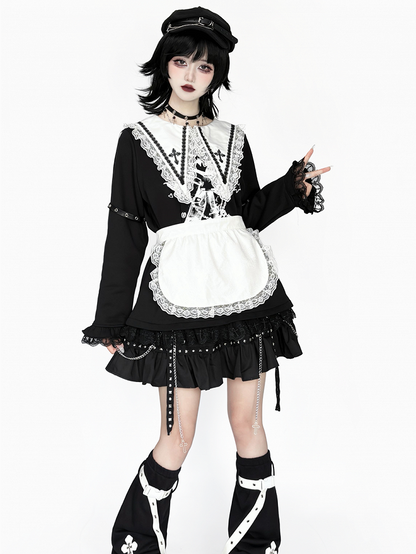 with Black Top: Criss-Cross Cross Pointed Harajuku Style Collar White Jirai Straps Kei Sleeve