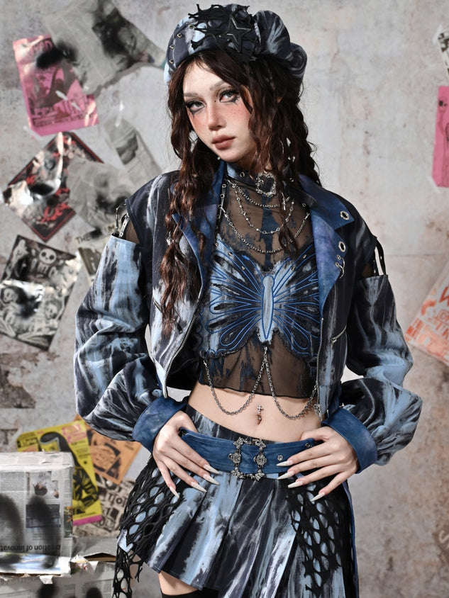 Grunge Punk Rock Blue Cutout Sleeves Tie Dye PU Moto Jacket with Free Belt