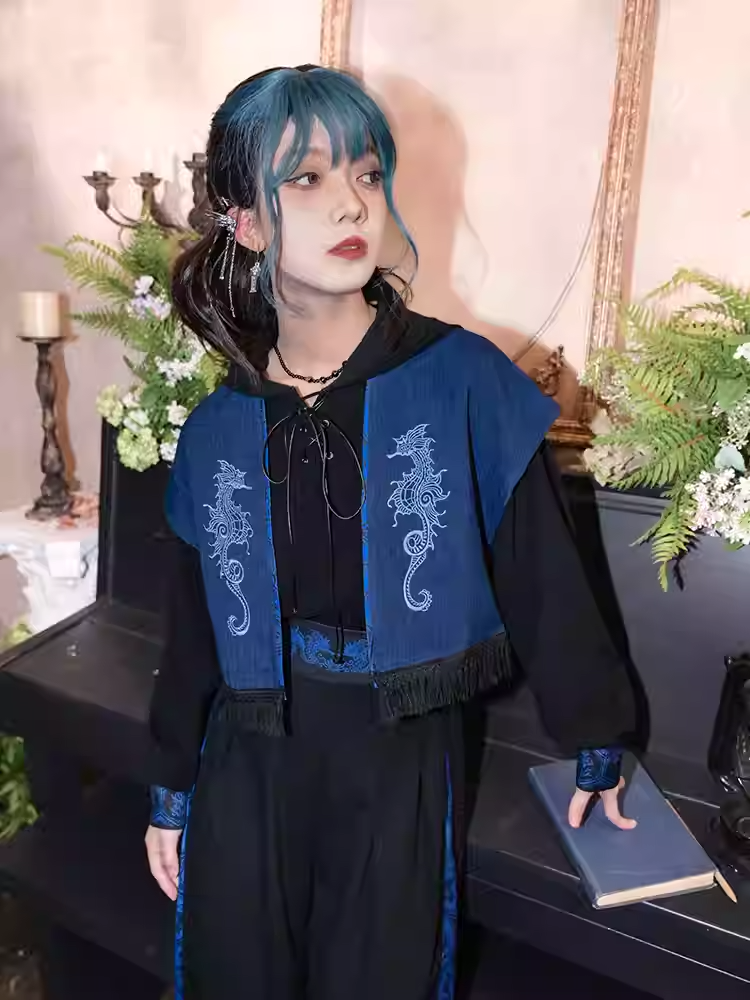 Detail at Lace-up Black and Blue Hoodie with Front