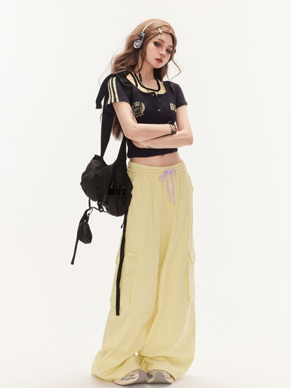 Yellow Drawstring Waist Wide-Leg Cargo Pants