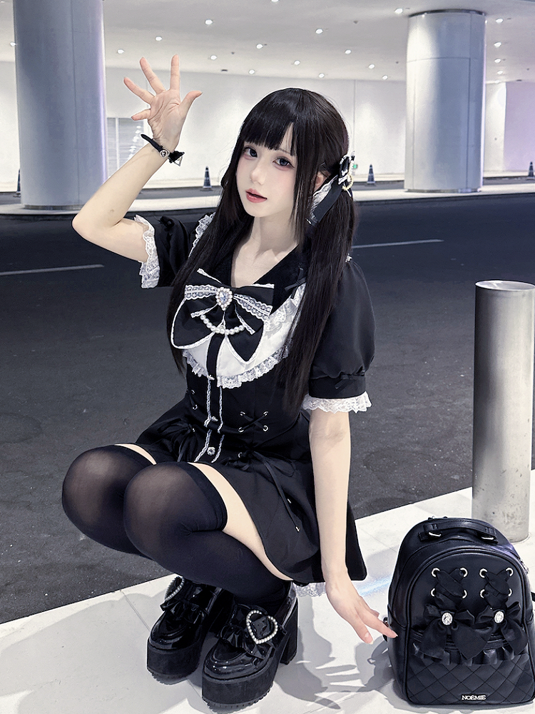 Jirai Embellished Kei Set White Lace-up Waist Rhinestones Mini Dress+Shorts Black Details