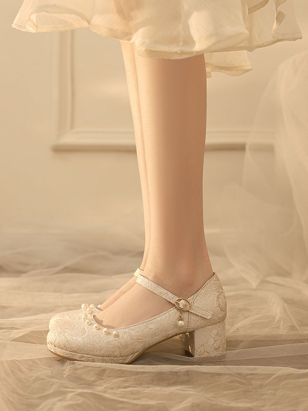 Beige Heels Pattern Lolita Floral Block Mid Details Beads Qi Satin -