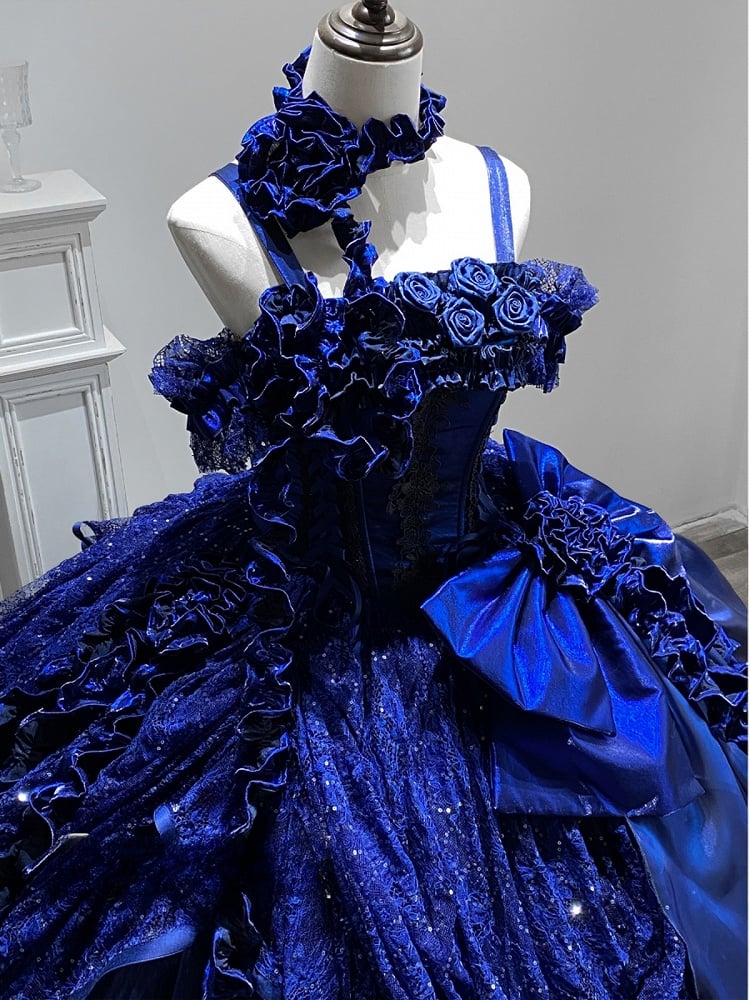 Starry Night Dark Blue Hanayome Roses Neckline Boned Bodice Floor Length Lolita Goth Dress Ball Gown