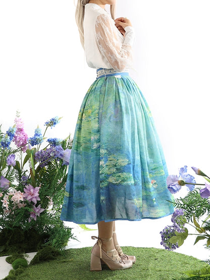 Lily Oil Painting Print Blue Green High Long/Short and Water Waist Skirt Version