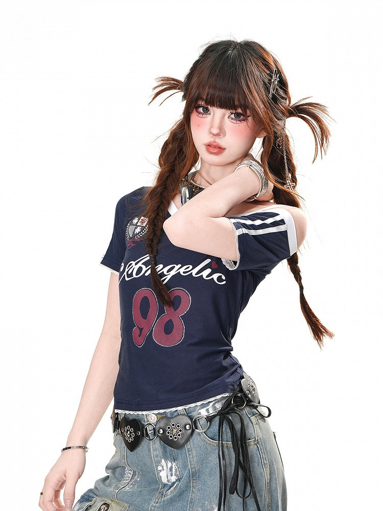 Navy Blue/White Asymmetrical Neckline Cutout Shoulder Number Glamorous T-Shirt