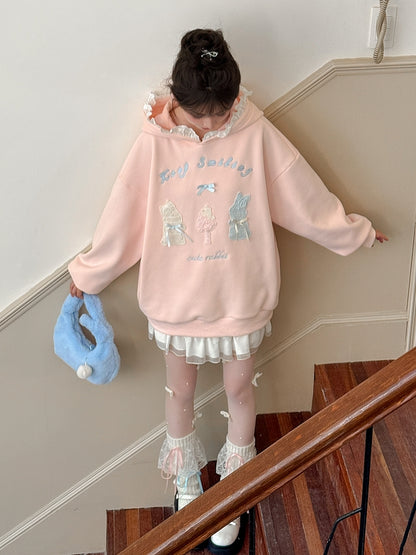 Pink Cute Crocheted Bunnies Details Fleece Lined Hoodie