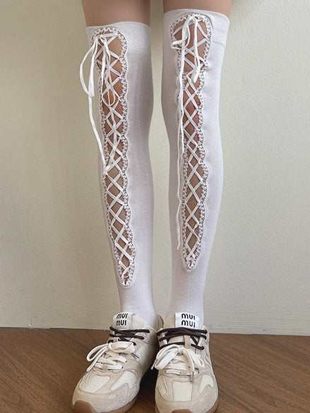Lace-up Stockings White/Black Detail Over-Knee