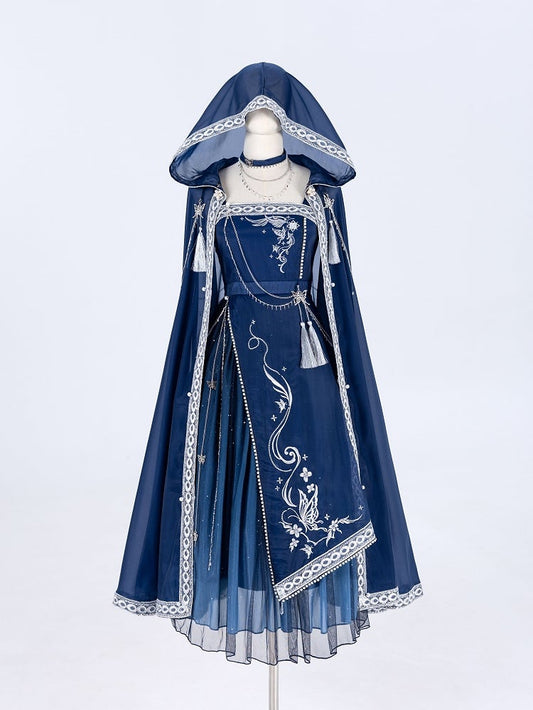 Night + Blue Embroidery Dress Long Dark Butterfly Starry Dreamy