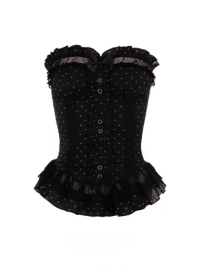 Corset Embroidery Bow Black Lace Bustier With Detachable Floral Ruffled
