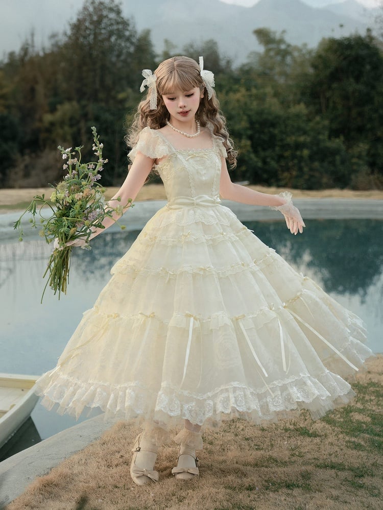 Beads Bow Creamy Princess Accents White Neckline Ribbon Dress Lolita