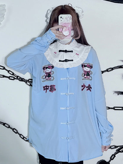 Black/Blue Long Sleeves Kitty Banded Collar Jirai Kei Top