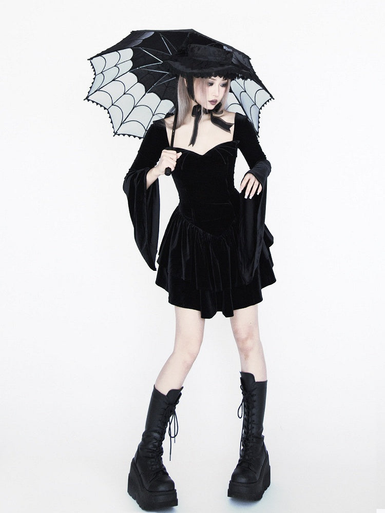 Gothic Black Velvet Bell Sleeves  Tiered Skirt Witch Dress