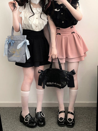 Ärmel Bow Kei und Flatter mit Krawatte Jirai Herzförmige Trim Bluse Schwarz/Weiß Flügelspitze