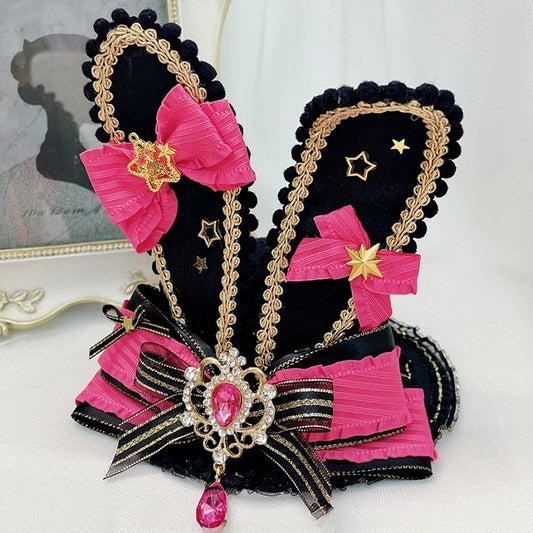 Kei Hat BalckPink Bowknot Rhinestone Jirai Charm Ears Mini Bunny