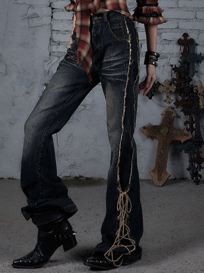 Fishtail Punk Lace-up Detail Wasteland Dark Jeans Hem Raw Blue