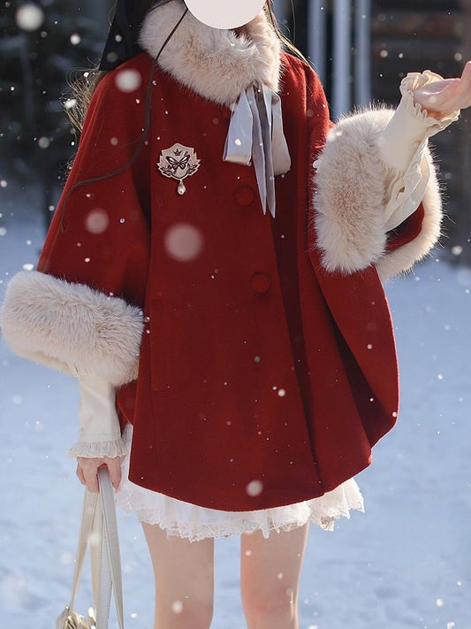 Red Wool Cape Coat with Shaggy Collar and Cuffs