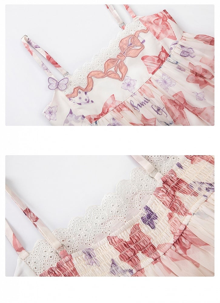 Robe Lolita d'été rose taille haute avec jupe à volants et nœuds