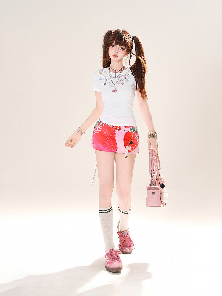 T-Shirt White Round Neck Star Necklace Print