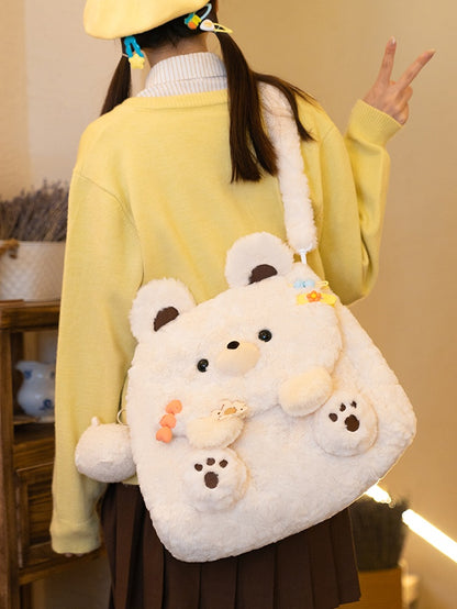 White Cute Bear Plush Flap Backpack Bag Middle/Large Size