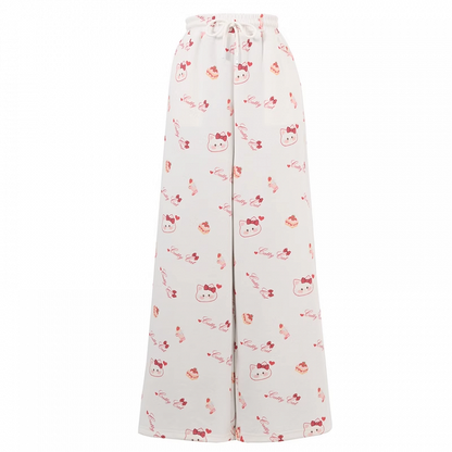 White Drawstring Waist Allover Kitty Print Wide-Leg Casual Pants