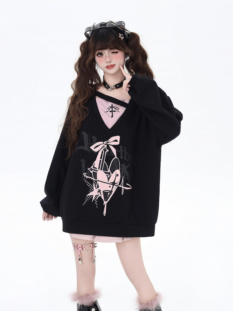 Sweatshirt V-Neck Heart and Bow Print Loose Two-pieces Bittersweet Black/Blue Faux