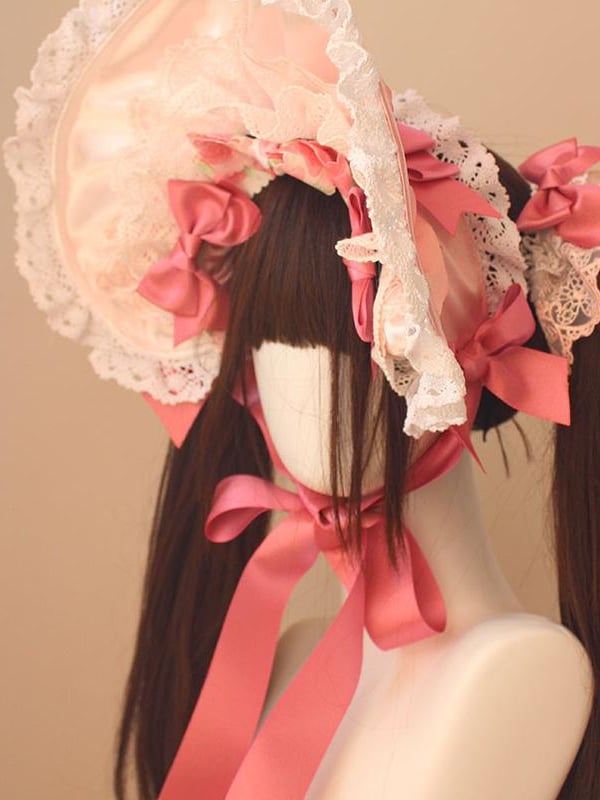 Cotton Bowknot Details Lace Trim Bonnet