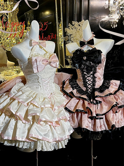 Creamy Bowknot Fabric Tiered Puffy Skirt Halter Neck Birthday Corset Dress