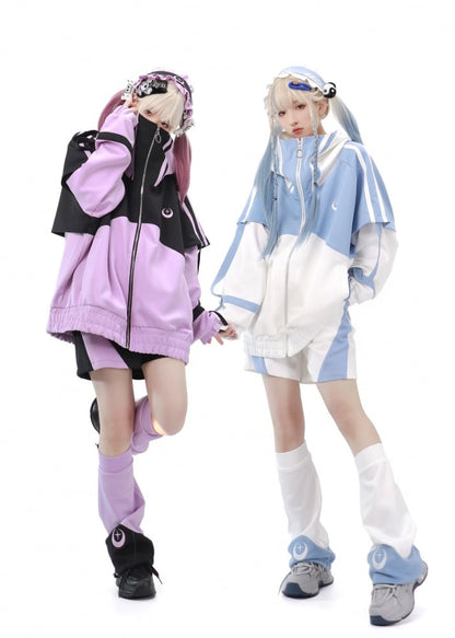 Light Blue and White Zip Up Front Jacket Long Sleeves Tenshi Kaiwai Sweatershirt