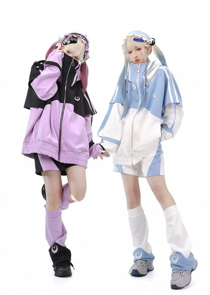 Zip Sleeves Jacket Front Light Tenshi Blue Up and Kaiwai Long Sweatershirt White