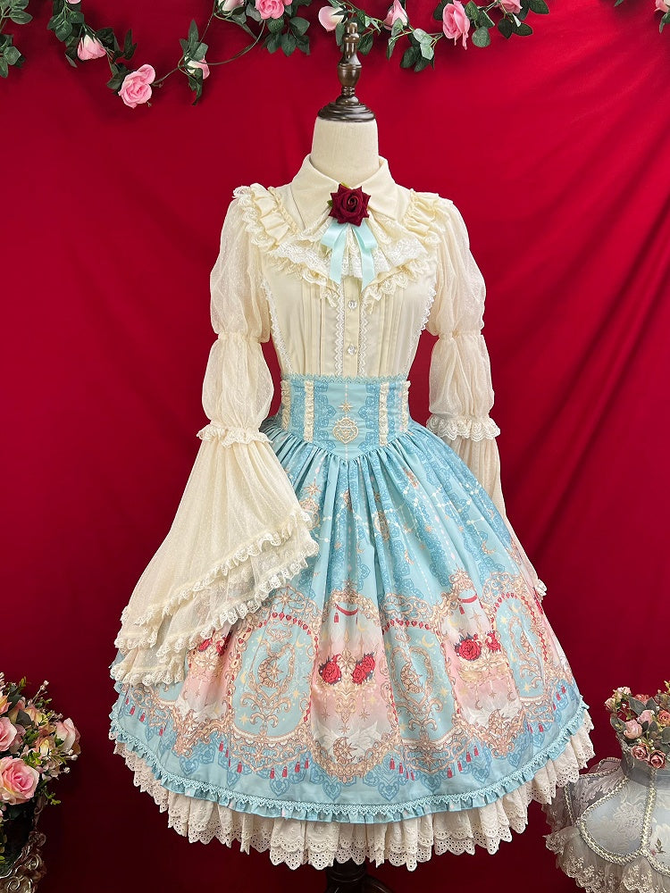 Blauer eleganter Lolita-Rock mit Korsettgürtel und hoher Taille und Blumen- und Mond-Print