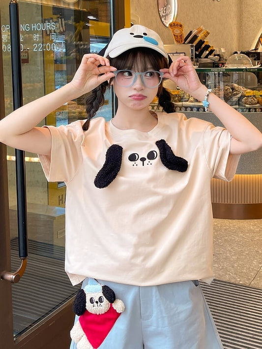 T-Shirt Plush Puppy Ears Loose Beige Round Neck