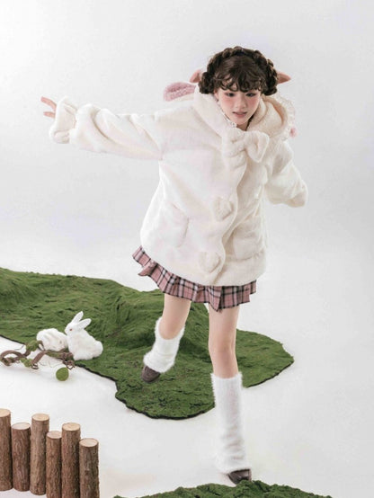 White Cute Lamb Ears Hooded Winter Cozy Plush Coat