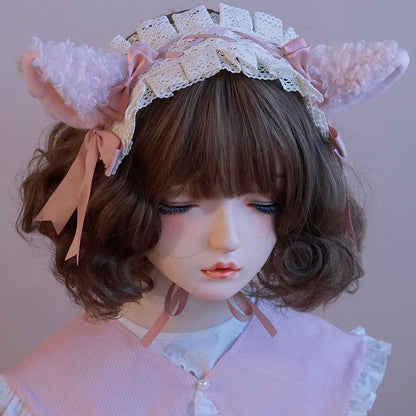 Details Hairband Pink/Beige Lace Sheep Bowknot Trim Ear