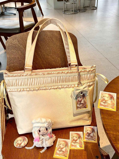 Yellow Trim Ribbon Bow Large Ita Bag Capacity Tote Ruffled
