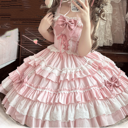 Lace-up Front Scalloped Edge Tiered Skirt Sweet Lolita Dress JSK Pink