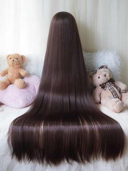 Perruque longue et lisse marron foncé/blond/rose avec frange complète