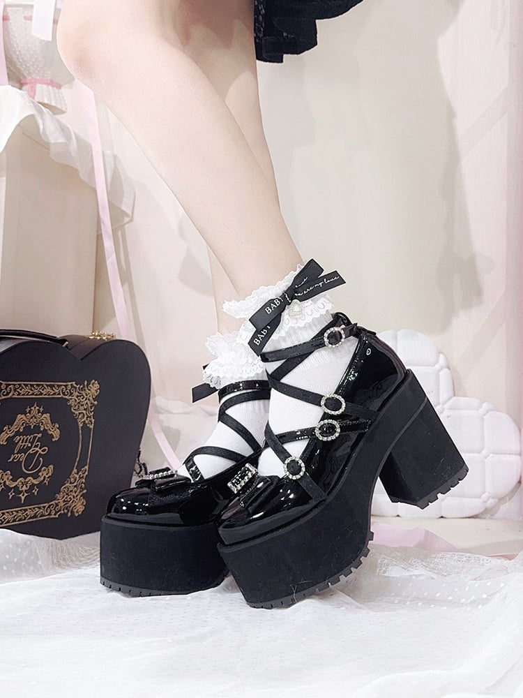 Polished Black Jirai Kei Rhinestone Bowknot Landmine Style Platform Shoes