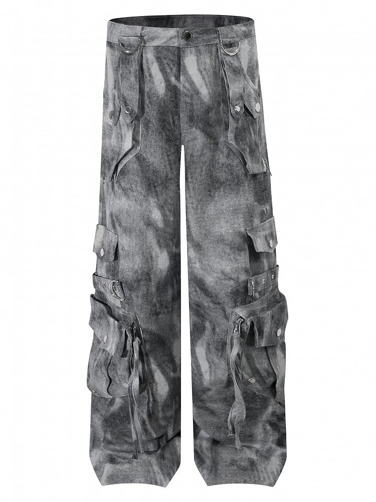 Gray/Green Faded Vintage Dark Wash Wide-Leg Cargo Jeans with Zippered Cuffs