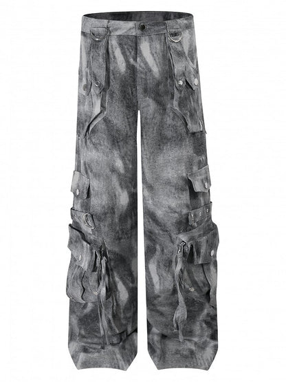 Gray/Green Faded Vintage Dark Wash Wide-Leg Cargo Jeans with Zippered Cuffs